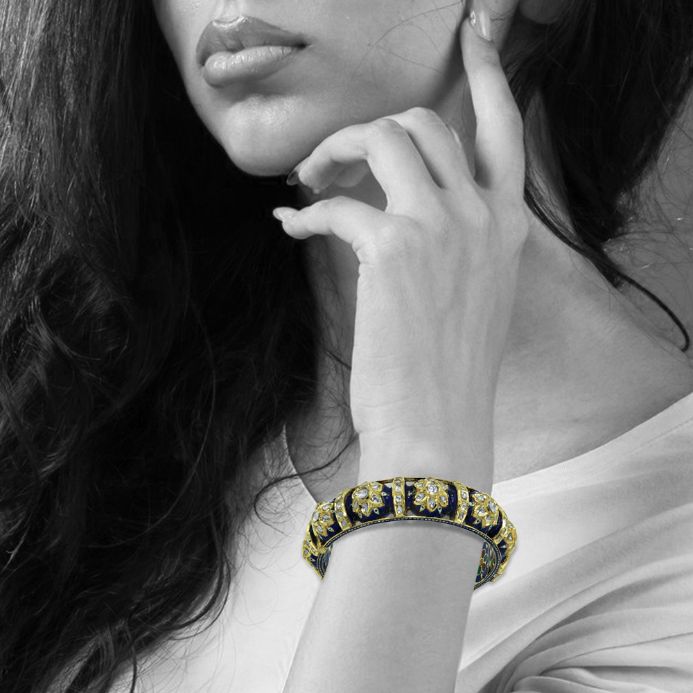 Polki Bangle with Blue Enamel and Floral Meenakari